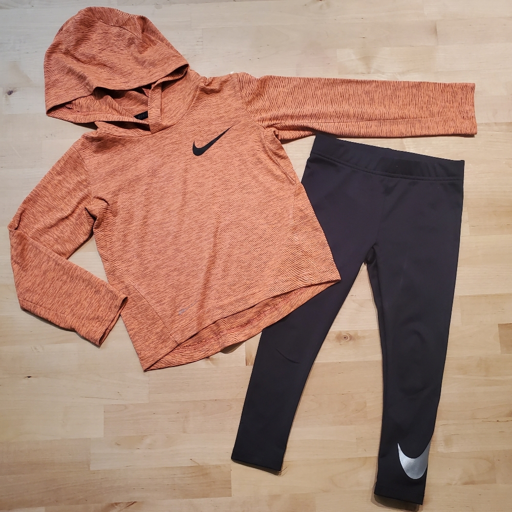 Nike Girls Burnt Orange Hoodie and Charcoal Leggings Matching Set Size 4
